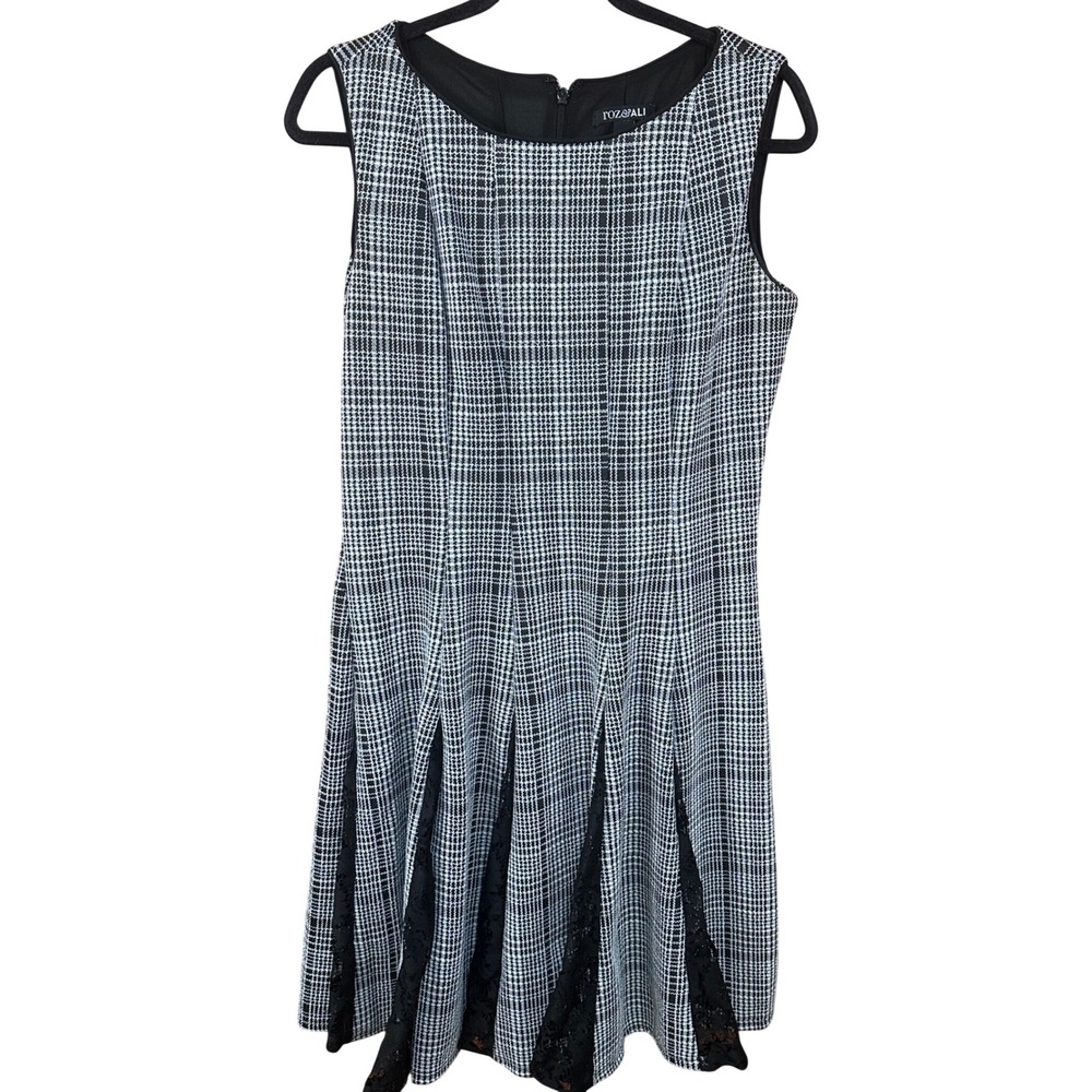 Roz & Ali Womens Black White Plaid Lace Godet Fit Flare Dress Size 12 Sleeveless